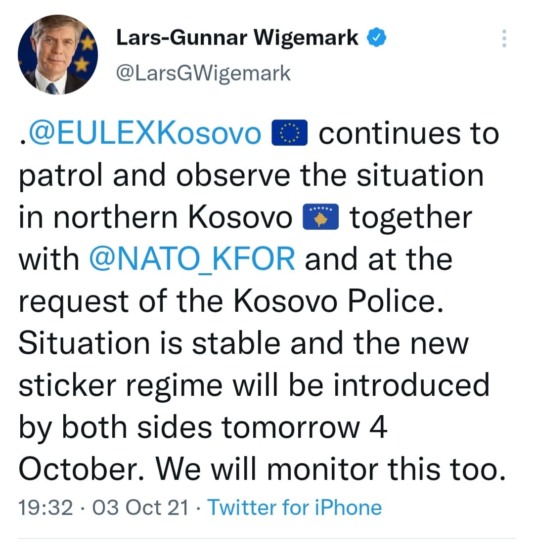 Šef EULEX-a, Lars-Gunnar Wigemark, tvitovao je o raspoređivanju Misije na severu Kosova