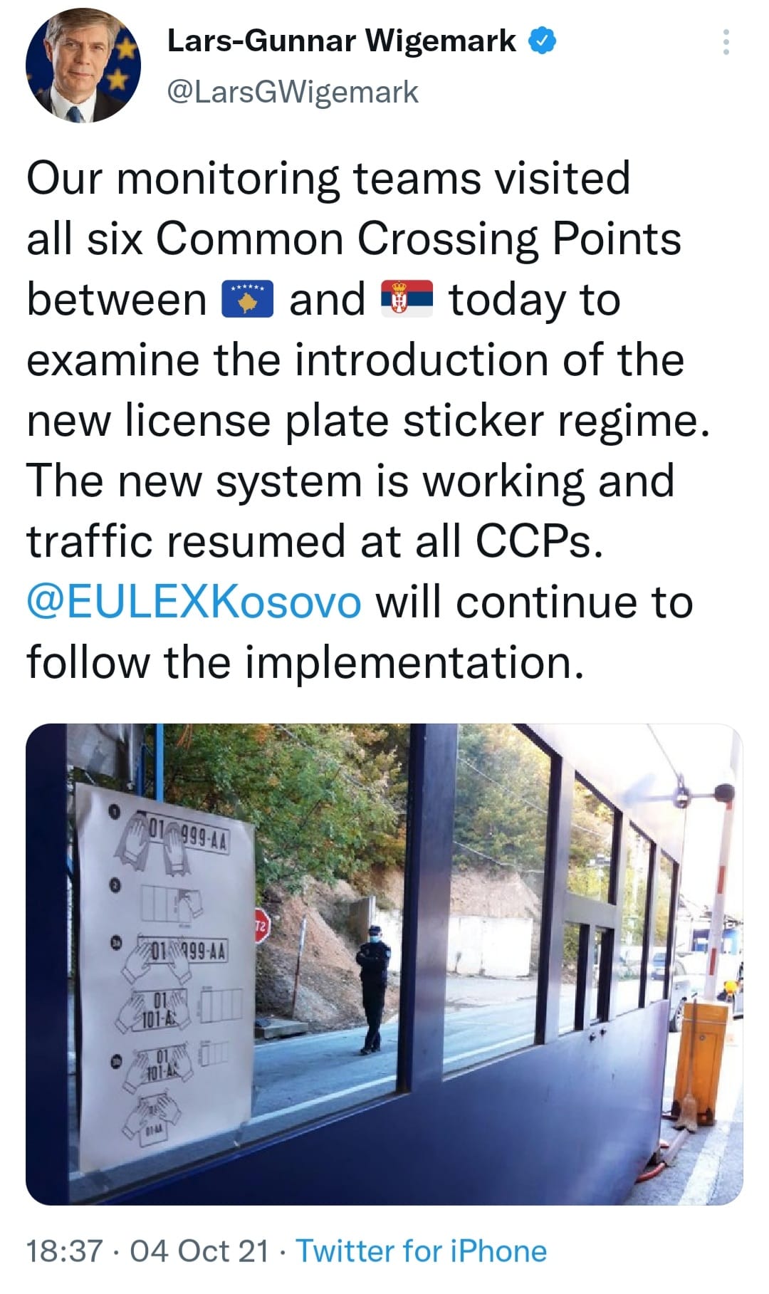 Tweet on EULEX's monitoring of the implementation of the sticker regime