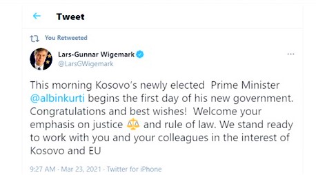 Postimi i Shefit të EULEX-it në Twitter për zgjedhjen e Qeverisë së Kosovës